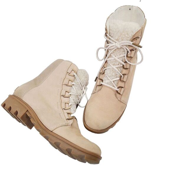 Sorel Shoes - Sorel Boots Phoenix Ankle Boots 7.5 Beige Leather Sherpa Trim Waterproof Lace Up
